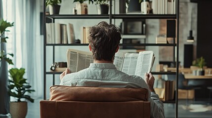 Man reading newspaper at home in modern living room