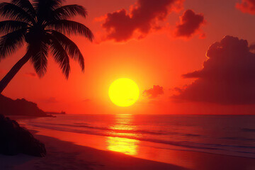 Surreal Beach Sunset: Glowing Golden Sun in Red-Orange Sky with Dark Palm Tree Silhouettes