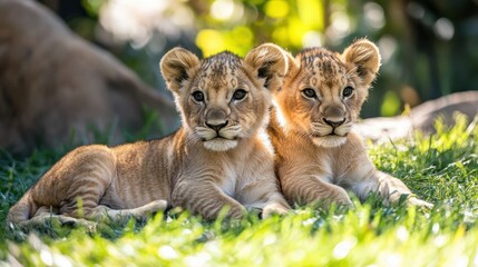Obraz premium Two lion cubs relaxing on green grass in bright sunlight