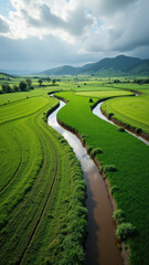 Obraz premium Aerial view of a meandering river through cultivated fields and mountains.