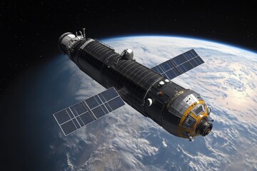 Fototapeta premium Space station orbiting Earth with solar panels generating energy and observing the planet below, 3d of a space station in space, with solar panels, with earth in the background