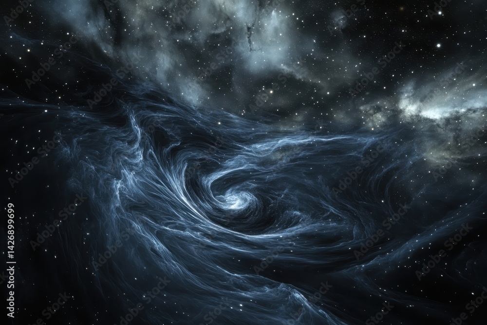 Poster simulation of a swirling nebula in deep space showcasing cosmic patterns and distant stars, the star
