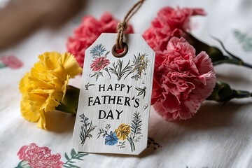 A "Happy Father's Day" message written on a botanical paper tag, framed by bright red and yellow carnations, laid on a soft cream-colored fabric adorned with colorful botanical prints.