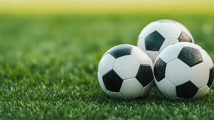 Fototapeta premium Three Soccer Balls On Grass Field
