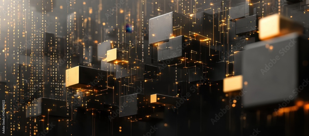 Poster a digital background with a dark gray and gold color theme, featuring geometric shapes made of lines