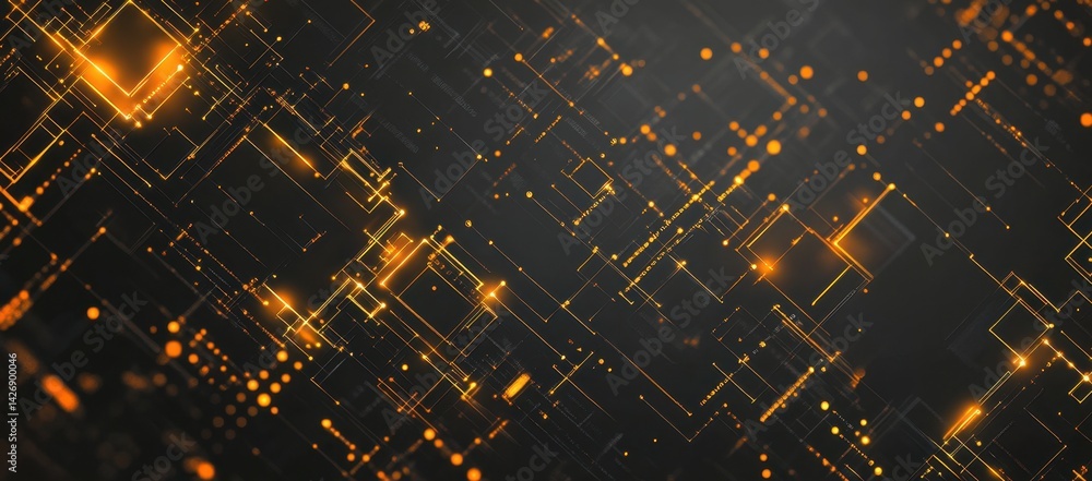 Poster a digital background with a dark gray and gold color theme, featuring geometric shapes made of lines