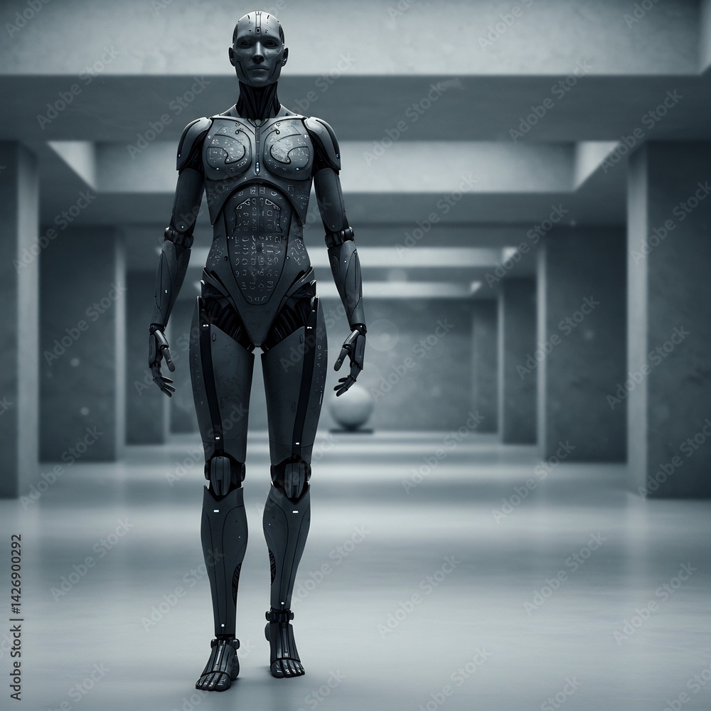 Poster an android stands confidently in a modern, futuristic setting