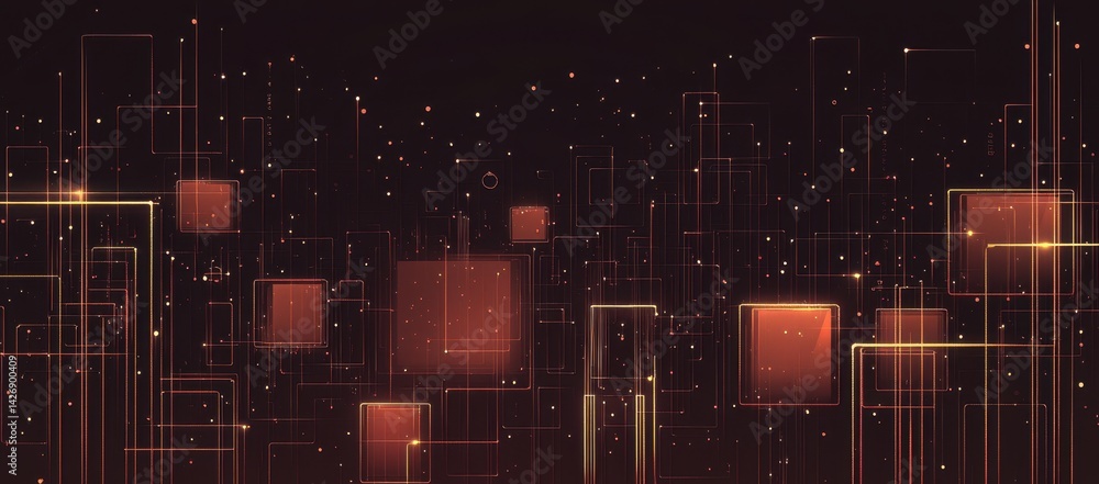 Poster an abstract, digital cityscape made from glowing lines and binary code on a dark background Generative AI