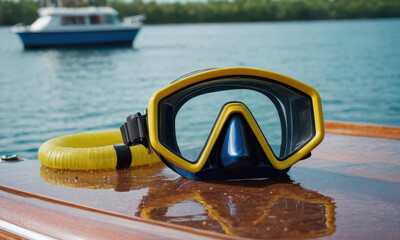 Scuba diving gear on a wooden boat, great for outdoor and adventure images