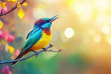 Fototapeta premium Colorful bird sings joyfully on a branch surrounded by vibrant foliage in sunshine, beautiful colorful bird sings sitting on a branch