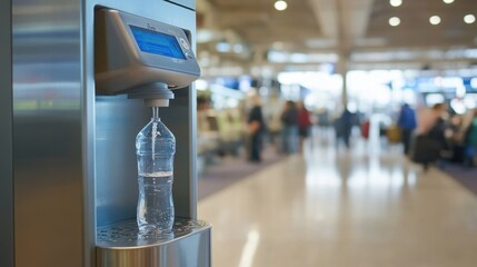 Water bottle being filled at airport water filling station