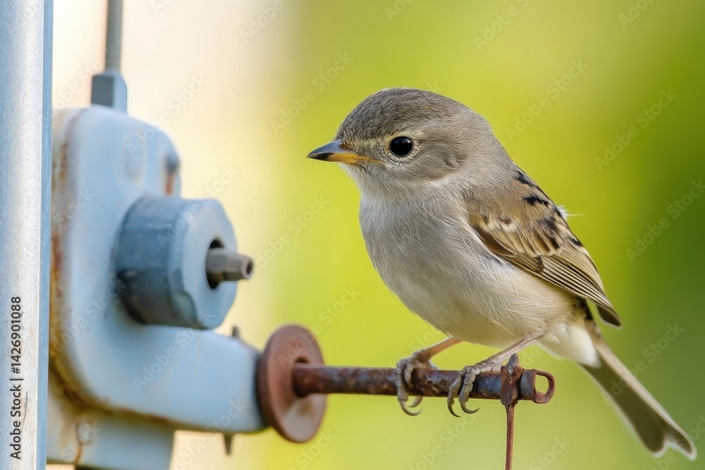 Poster close view of a female sparrow resting on a fence with a soft background in daylight, female sparrow