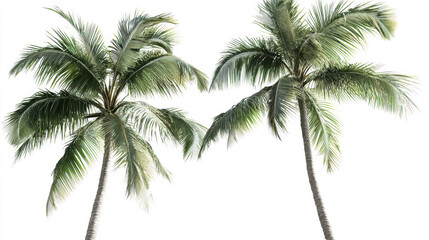 Two vibrant palm trees with lush green fronds stand tall against a bright white background evoking a sense of tropical paradise and serene summer vibes on a sunny day.