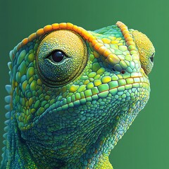 Fototapeta premium Close Up Photo Of Detailed Green And Yellow Chameleon Head On Green Background