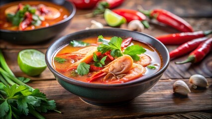 Spicy Tom Yum soup with fresh herbs and chili, aromatic Thai comfort food