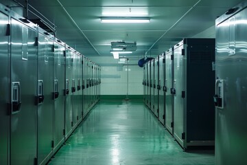 Naklejka premium Refrigerated Storage Room with Rows of Refrigerators