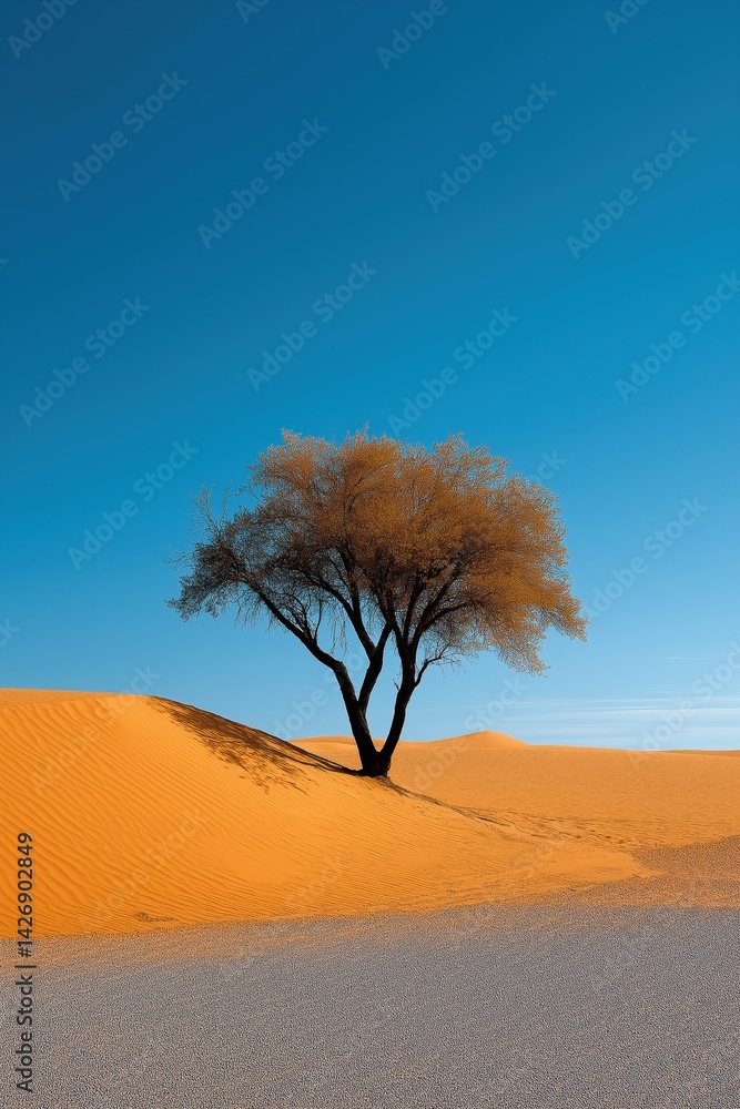 Poster a tree is standing in the desert with a blue sky in the background. the tree is the only thing visib