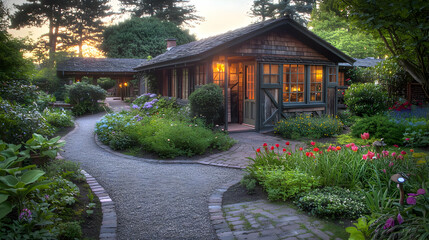 Rustic Wooden Cottage With Lush Garden At Sunset