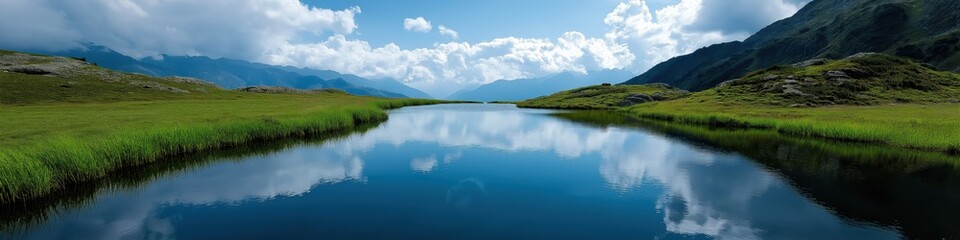 Fototapeta premium A beautiful landscape with a river running through it. The water is calm and the sky is clear