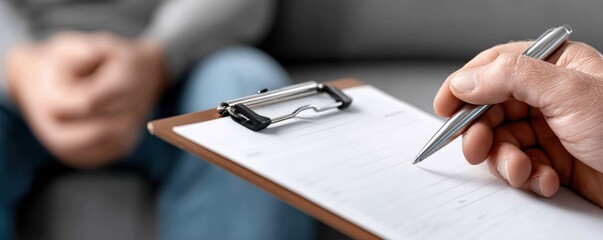 Close-up of hands and clipboard during a supportive counseling session - partnership improvement consultation comfort progress