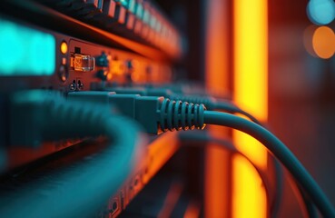 Network cable connecting server, data center with glowing lights. Fast wired connection, cyber security, data transfer. Modern technology infrastructure, data center, internet web cloud computing.
