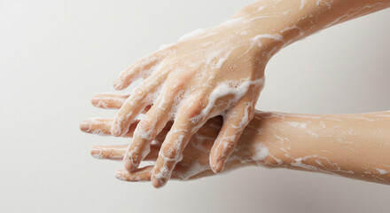 Fototapeta premium Hands washing with soap foam, isolated on white. Clean and hygienic concept. Realistic photo for healthcare, hygiene, disease prevention or educational materials.