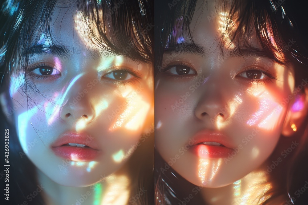 Aufkleber multicolored light swipe overlay creating unique facial reflections in an artistic portrait, multico