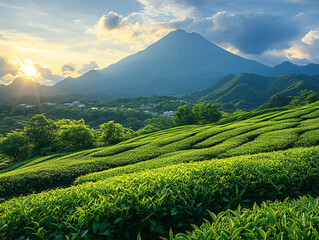 Obraz premium landscape with a lush green tea field in the foreground, rows of tea bushes neatly aligned, and a majestic mountain in the background under a blue sky with scattered 