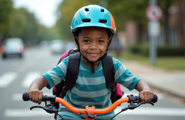 Smiling young black schoolboy rides bike with backpack. Pupil wears safety helmet at pedestrian crossing. Bike commuting school concept. Healthy lifestyle. Urban school route. Child protection.