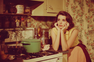 vintage scene of woman in kitchen photo or movie scene from the 60's