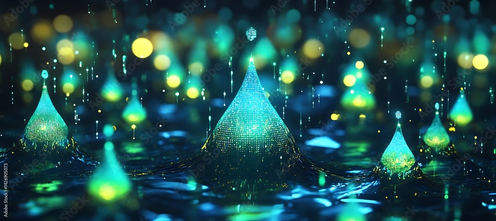 Poster a futuristic storm where ai-controlled holographic raindrops transform into glowing pixels