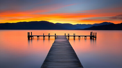 Fototapeta premium Wooden Pier At Sunset Over Calm Lake