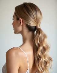 Fototapeta premium Back view of woman with long thick wavy blond hair styled in low ponytail. Model shows hairstyle on shoulder in beauty salon. Elegant hairstyle for wedding party event.