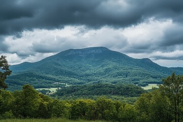 Fototapeta premium Cloudy day over a majestic mountain range with lush greenery in the foreground, Mountain on cloudy day