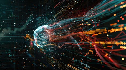 This image illustrates the dynamic interplay of big data and artificial intelligence, showcasing vibrant data streams, abstract representations, and technological connections.