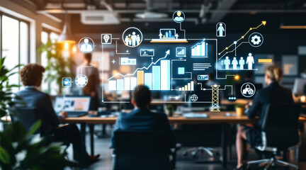 group of professionals in modern office setting engaged in leadership training, with digital graphs and icons illustrating growth and teamwork. atmosphere is collaborative and innovative