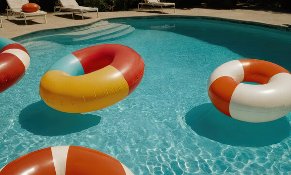 Group of life preservers floating on the surface of a pool, often used in swimming lessons or pool safety demonstrations