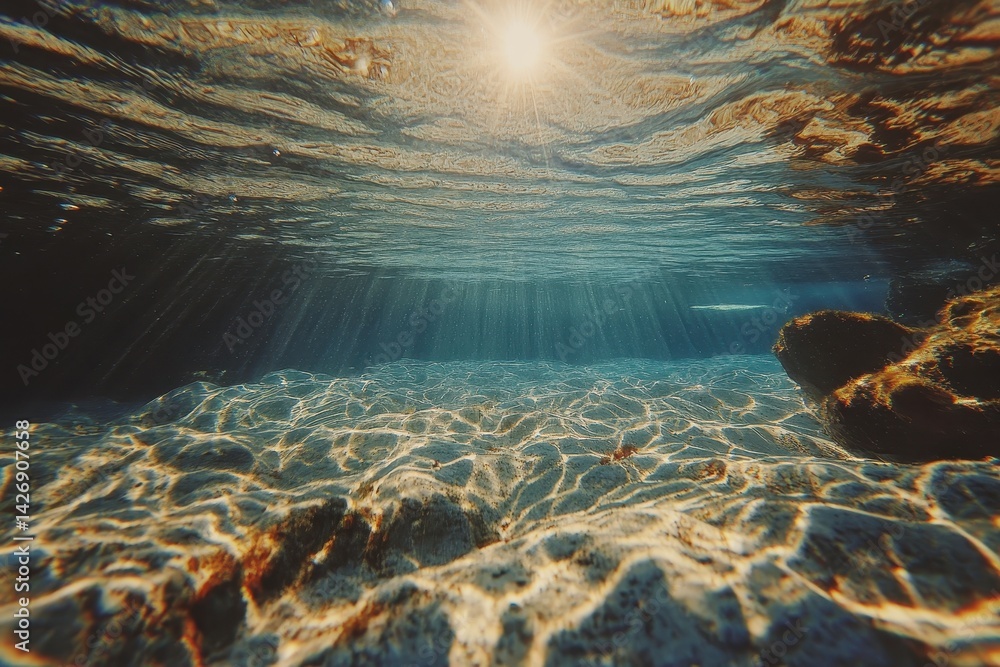 Aufkleber sun rays illuminate underwater waves creating a serene atmosphere in clear blue water, sun ray and s