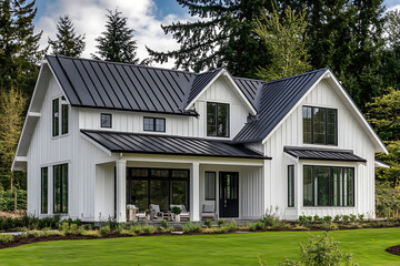 Modern farmhouse front view of a white house with a black roof, large windows, and a porch.