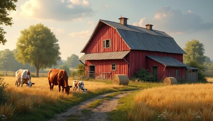 Picturesque farm scene showcases red barn, hay bales, grazing cows. Rural landscape, path leads to barn, golden field. Farming life, idyllic charm, agricultural setting, country living, rural life.