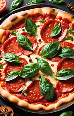 pizza with salami and vegetables