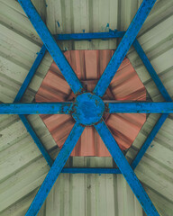 Geometric wood and metal bars at a tower in Cooch Behar, West Bengal, India in June 2025....