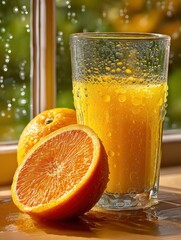 Glass of freshly squeezed orange juice with condensation and sliced orange on sunny windowsill

