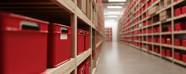 A well-organized storage area featuring red boxes on wooden shelves, creating a tidy and efficient space for inventory management.