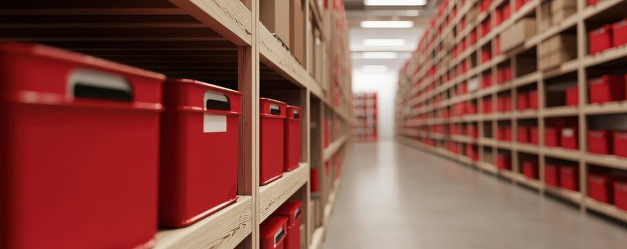 A well-organized storage area featuring red boxes on wooden shelves, creating a tidy and efficient space for inventory management.