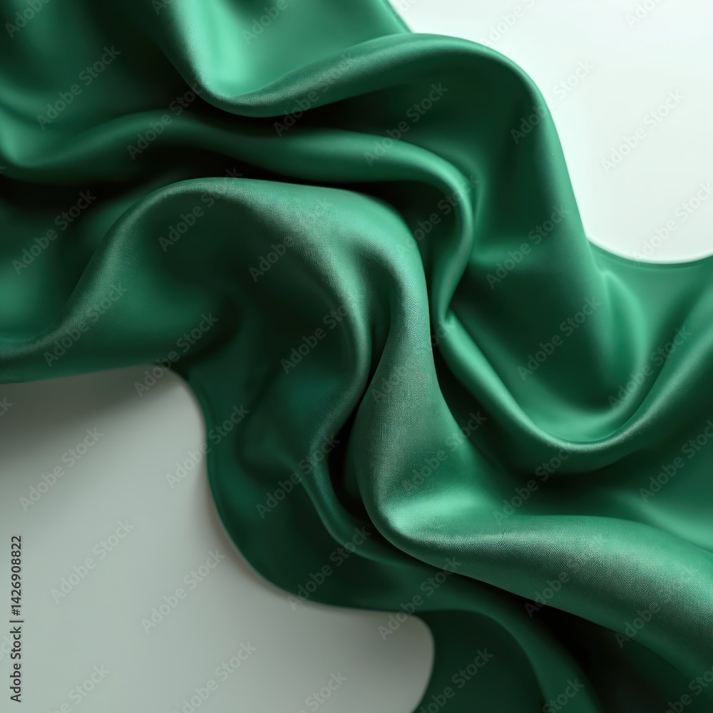 Aufkleber elegant green satin fabric draped with smooth flowing curves. luxurious soft texture. textile backgr