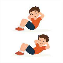 Cartoon boy doing fitness exercise for kids strengthening abdominal muscles, isolated on white background. Body parts are movable. Easy to change poses and animate the character. Part of a set.