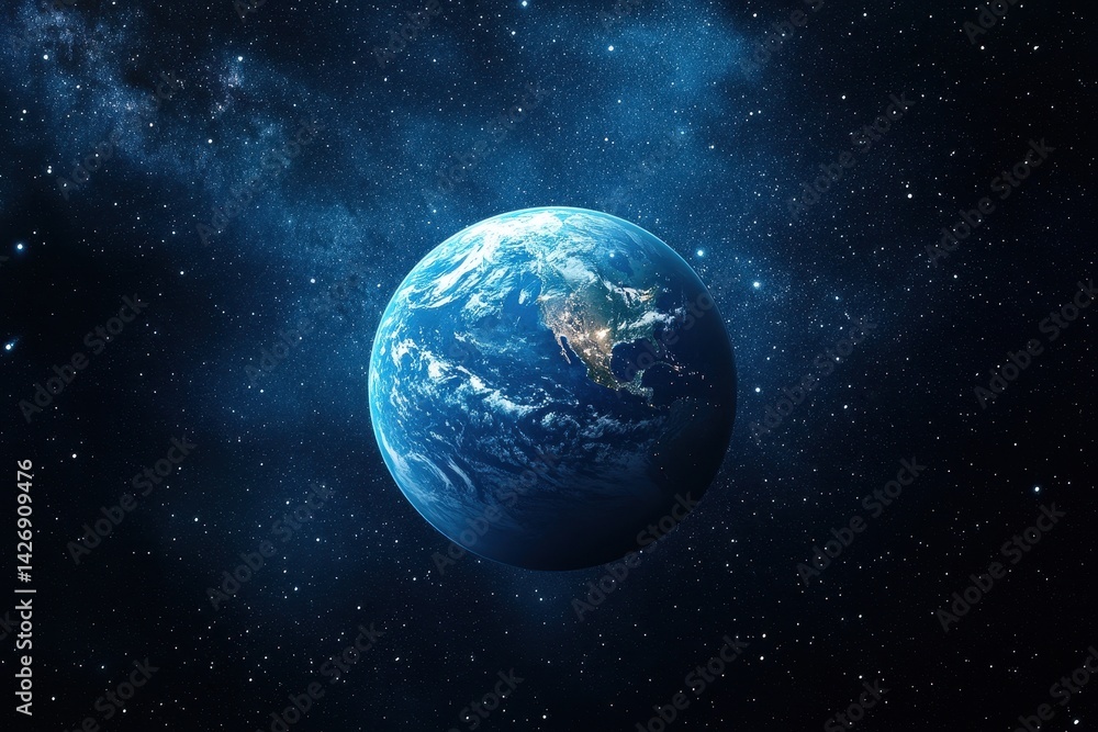 Poster view of earth from a space station orbiting the planet in the vastness of outer space, space station