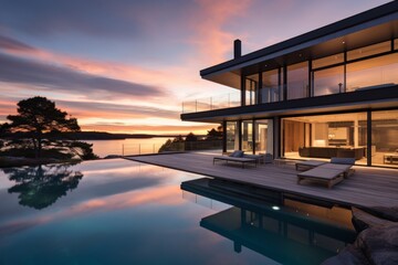 breathtaking panorama of a Nordic-designed house, seamlessly blending contemporary architecture with organic elements, accentuated by a pristine swimming pool reflecting the serene sky