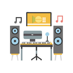 Home music studio illustration with keyboard and speakers